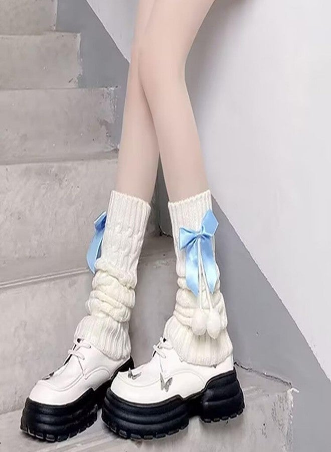 CazDopaM Cute Lolita leg covers Japanese Style Knitted Warm Bow Socks with Pom-Poms White Slouch Socks for JK Uniform (pink) - Image 5